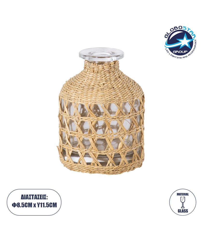 GloboStar® MANDY 35629 Διακοσμητικό Βάζο Γυάλινο Διάφανο με Μπαμπού Φ8.5 x Υ11.5cm